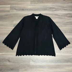 Misook Small Cardigan Black Solid Knit Eyelet Trim Scalloped Hem Acrylic Clasp